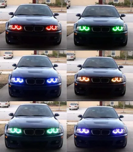 Vista 6 de iJDMTOY Juego de 4 anillos de halo LED RGB de 7 colores con ajuste ajustable compatible con BMW E39 E46 3 5 7 Series Xenon Trim