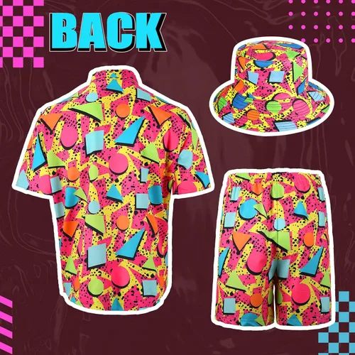 Vista 6 de Conjunto de 2 piezas de camisa y pantalones cortos retro de los años 80 y 90 con sombrero, trajes de playa hawaianos para hombres, fiesta