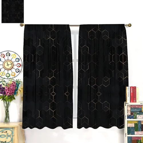 Vista 71 de Cortinas Negras con Dobladillo Dorado, Cortinas Opacas con Bolsillo para Barra con Estampado de Rayas de Foil en Onda Dorada para Decoración de Negro