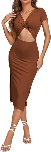 Vista 6 de LYANER Vestido midi de punto de manga corta con cuello en V y corte frontal para mujer