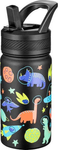Vista 28 de Fanhaw Botella de agua aislada para niños de 14 onzas con tapa de pajita – Acero inoxidable de doble pared al vacío, a prueba de fugas, botellas