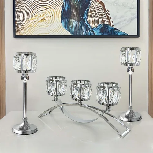 Vista 11 de Candelabro votivo de 3 brazos, candelabros de cristal, centros de mesa de boda para mesas, candelabros de cristal, decoración de mesa (negro)