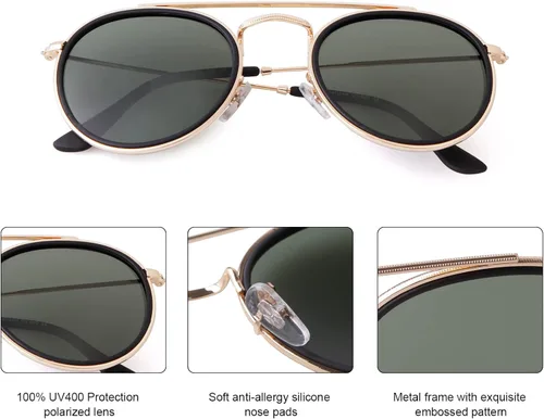 Vista 5 de PEGH Gafas de sol polarizadas redondas retro UV400 con doble puente circular PH2227
