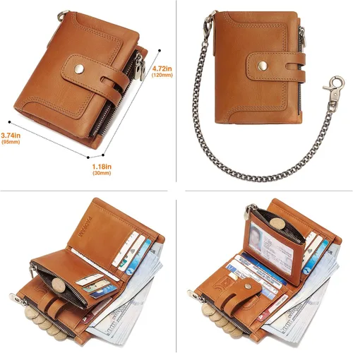 Vista 4 de Cartera con cadena, monedero de cuero genuino con bloqueo RFID, doble cremallera, bolsillo para monedas con cadena antirrobo, carteras de cadena a