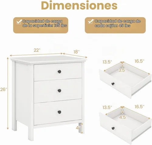 Vista 3 de KOMFOTT Mesita de noche con 3 cajones, mesita de noche de madera, moderna mesa auxiliar para sofá, mesa de teléfono que ahorra espacio, cómoda