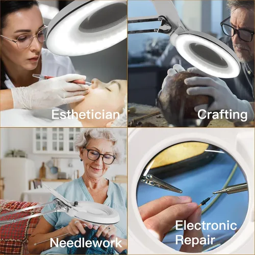 Vista 8 de 10 lupas con luz y soporte, lámpara de escritorio con luz LED regulable con abrazadera, lupa manos libres, brazo de acero inoxidable ajustable