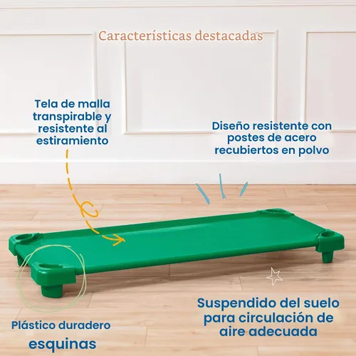 Vista 4 de ECR4Kids Catre Infantil Apilable, Listo para Ensamblar, Tamaño Estándar, Mobiliario de Aula, Verde, Paquete de 6 Breathable mesh, GREENGUARD Gold