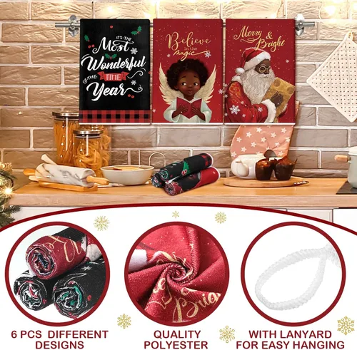 Vista 3 de Hosuly 6 Piezas Toallas de Cocina Navideñas Afroamericanas Paños de Platos de Santa Negro Toallas de Mano Navideñas Negras y Rojas Santa Ángel Acebo