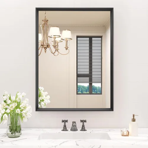 Vista 24 de JISOSO - Espejo de baño negro de 20x30 pulgadas con marco de metal negro, espejo de tocador rectangular redondeado con acabado mate para pared