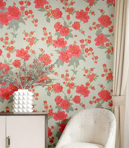Vista 5 de J9175 - Papel tapiz floral para despegar y pegar de 17.7 pulgadas x 9.8 pies, color rojo/caqui, papel de contacto autoadhesivo extraíble