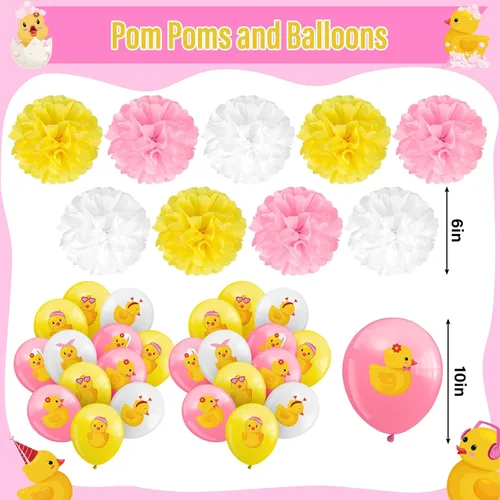 Vista 4 de Outus 77 piezas de decoración de fiesta de patito rosa, lindo accesorio de fiesta de cumpleaños de pato, incluye una bonita pancarta colgante