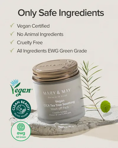 Vista 6 de Mary&May Paquete de lavado calmante de árbol de té de cica vegana, máscara de arcilla centella natural para pieles sensibles, alivia la irritación