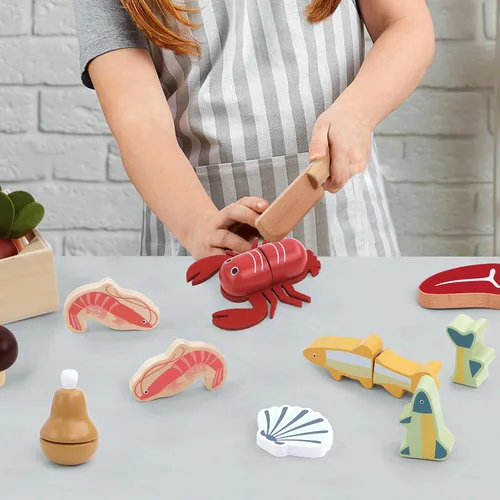 Vista 7 de PairPear Conjunto de Comida de Juguete de Madera para Cortar Mariscos - Comida de Juguete de Madera para Niños Pequeños Juego de Simulación