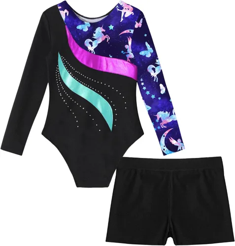 Vista 6 de TiaoBug Conjunto de leotardo de gimnasia de manga larga para niñas y niñas con pantalones cortos