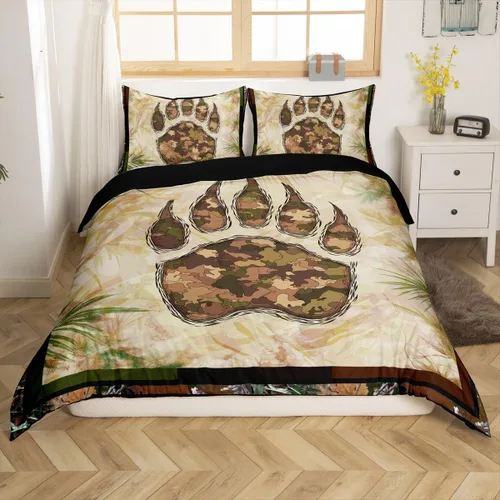 Vista 32 de Funda de edredón de cabaña marrón retro, juego de ropa de cama de retazos con diseño de oso del bosque, ciervos para cabaña rústica, funda de Multi