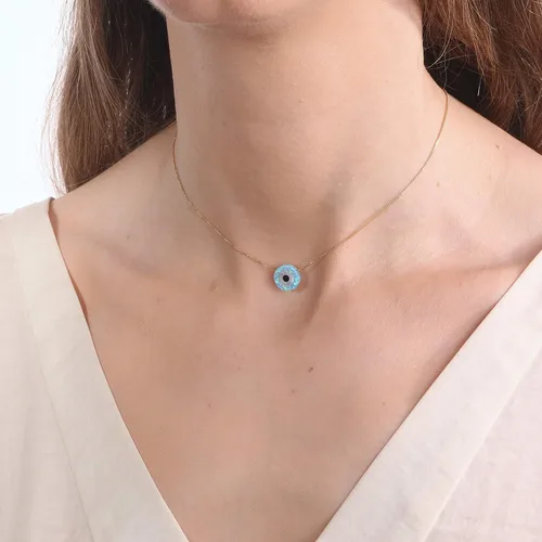 Vista 3 de Blue Opal Evil Eye Necklace,10mm created Opal,14k gold filled chain length 16 inch+ extension