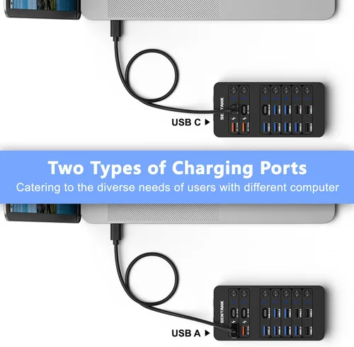 Vista 8 de Hub USB alimentado, divisor de concentrador de datos USB de 14 puertos con 6 puertos USB 3.0, 4 puertos de carga, 1 puerto de datos USB-C 3.0, 1