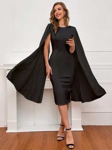 Vista 7 de IWFEV Vestido midi sin mangas liso de manga larga con cuello redondo y patchwork a media pierna para mujer