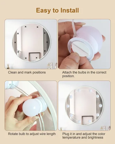 Vista 8 de 10 Bombillas Luces LED de Tocador para Espejo, 3000K 4000K 6500K y 10 Niveles de Brillo, Longitud de Cable Ajustable, Cable USB, Luces de Espejo