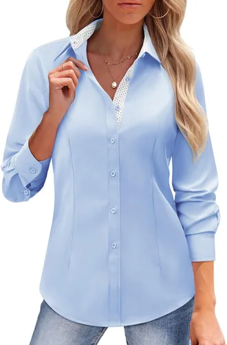 Vista 17 de siliteelon Camisas con botones para mujer, camisas de vestir de algodón de manga larga para mujer, sin arrugas, blusa de trabajo elástica