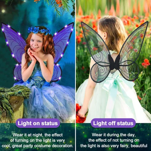 Vista 4 de quescu Alas de hadas iluminadas para adultos, alas de mariposa LED para niñas y mujeres, disfraz de Halloween, regalos para niños