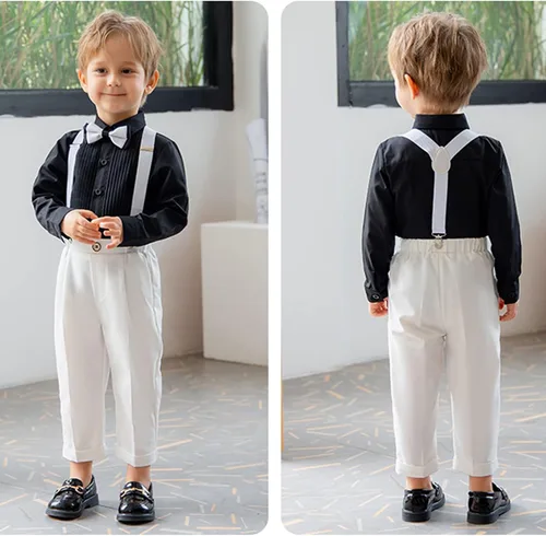 Vista 8 de Pifiko - Ropa de vestir para niño, traje formal para niños, camisa + corbatín + chaleco + pantalones con tirantes para niños