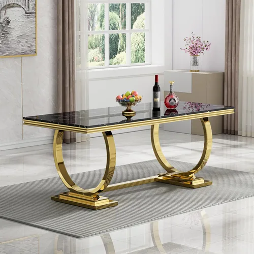 Vista 26 de Mesa de comedor de mármol negro para 4, 6, 70 pulgadas, moderna mesa de comedor de cocina dorada con base de acero inoxidable con diseño