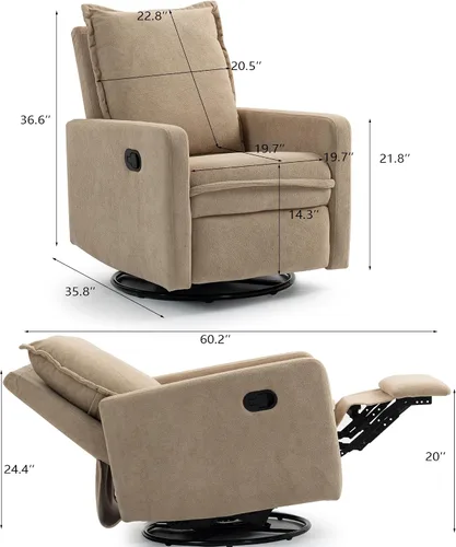 Vista 3 de Mecedora giratoria para cuarto de bebé, reclinable, mecedora giratoria manual, cómoda, sillas de sala de estar (marrón)