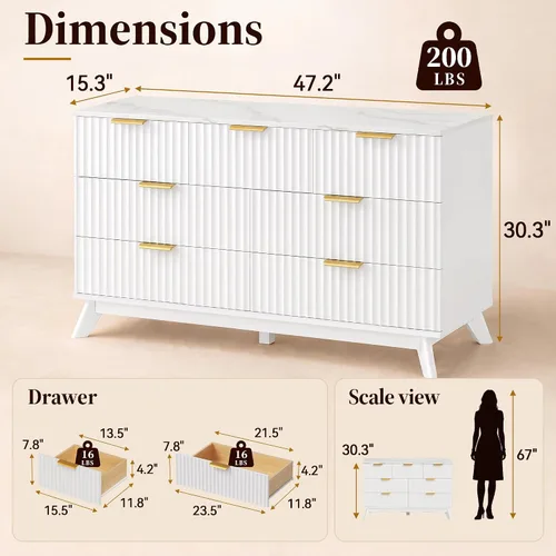 Vista 2 de YESHOMY Cómoda blanca acanalada para dormitorio, pecho de 47.2 pulgadas