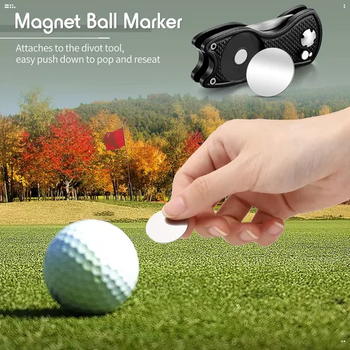 Vista 5 de Skylety 4 piezas herramienta de reparación de divot de golf plegable de metal con botón emergente magnético, marcador de bolas de acero inoxidable