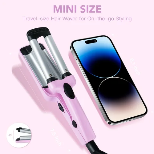 Vista 2 de Mini rizador de pelo, rizador de 3 barriles de 1/2 pulgada con doble voltaje, rizador de playa de viaje para cabello corto a mediano, morado