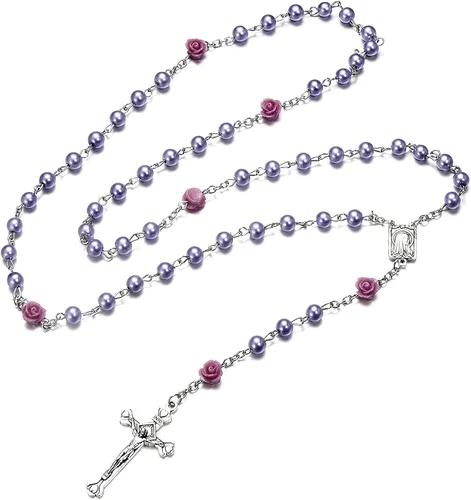 Vista 3 de SZQCZB Rosario - Collar católico con medalla del suelo sagrado Crucifijo con caja de metal y 18 tarjetas de oración