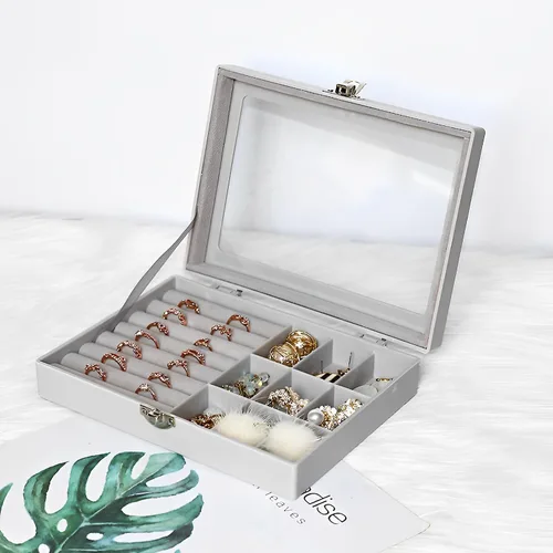 Vista 2 de Caja de almacenamiento de cristal de terciopelo para joyas, bandeja para anillos, aretes, organizador de anillos, collar y joyero