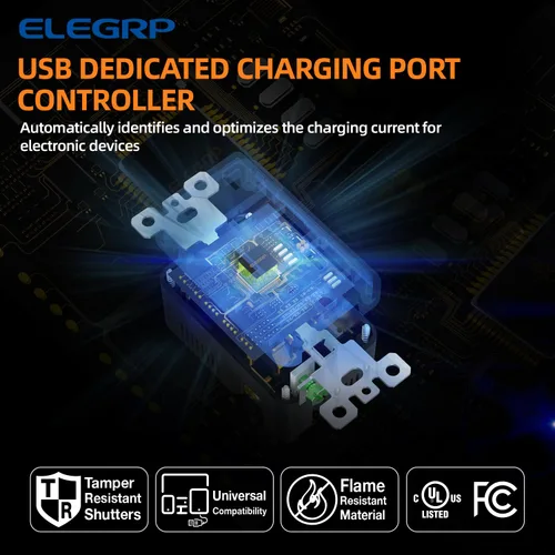 Vista 4 de ELEGRP Cargador USB de pared, receptáculo USB con puertos USB tipo A y tipo C, enchufe dúplex de 15 amperios resistente a manipulaciones NEMA 5-15R
