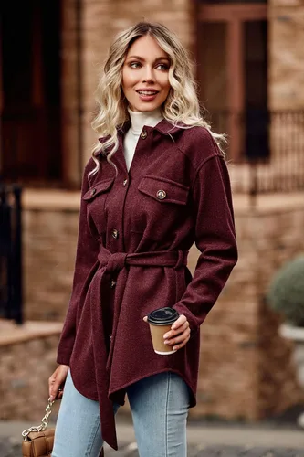 Vista 4 de PRETTYGARDEN Chaqueta de otoño con solapa y cinturón para mujer