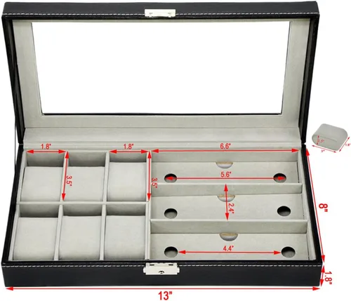 Vista 3 de AUTOARK AW-004 - Caja de cuero para 6 relojes y 3 lentes y gafas de sol con organizador de joyas, cajas de almacenamiento para hombre y mujer, tapa