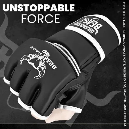 Vista 6 de BEAST RAGE Guantes de artes marciales para hombres y mujeres, guantes de artes marciales para combate, palma ventilada, cuero vegano, lucha