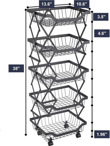 Vista 2 de Cesta de almacenamiento de cocina con ruedas, 5 niveles, apilable, para verduras, plegable, sin montaje, para mercado, garaje