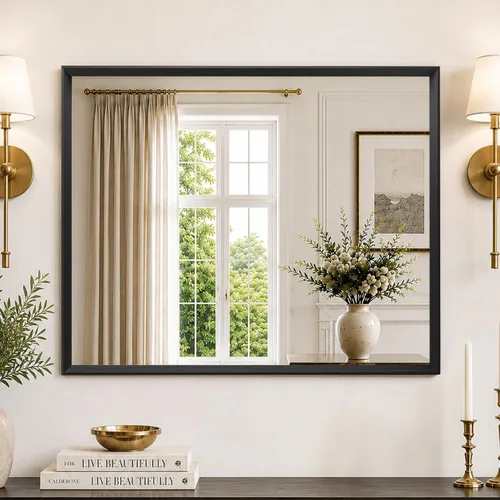 Vista 37 de JISOSO - Espejo de baño negro de 20x30 pulgadas con marco de metal negro, espejo de tocador rectangular redondeado con acabado mate para pared