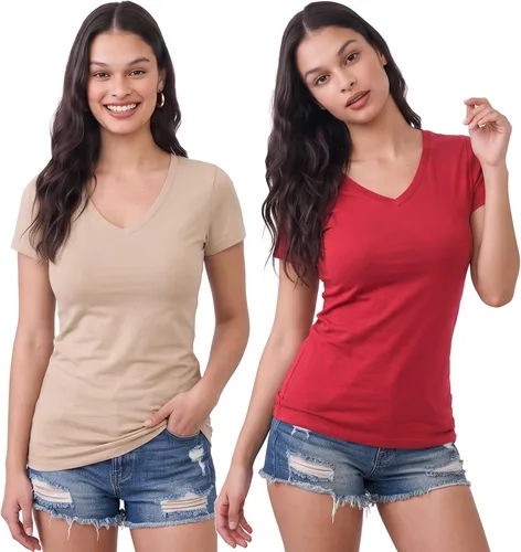 Vista 177 de Emmalise Camiseta de manga corta para mujer, cuello en V, tallas junior y plus