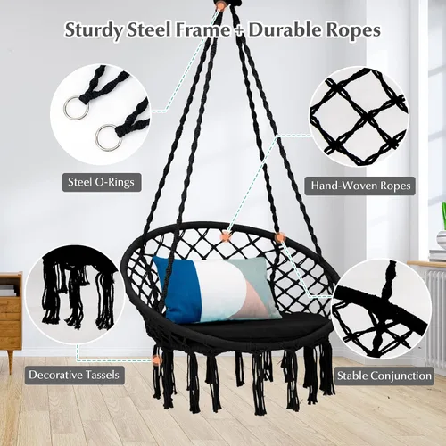 Vista 6 de Tangkula Silla hamaca con cojín, estilo bohemio de macramé con kit de accesorios para colgar y correa, columpio de cuerda colgante para interiores