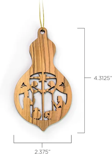 Vista 2 de Adornos de madera de olivo de Tierra Santa, adorno de pesebre de madera con bombilla 2D, pastores y ángeles, adornos de Navidad cristianos de 2 x 4