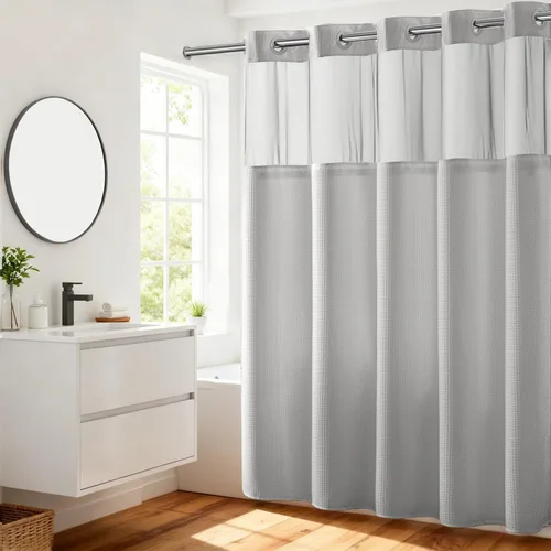 Vista 28 de Cortina de baño River Dream de gran peso sin ganchos necesarios con diseño de gofre punteado y forro a presión - 36W x 74H, de calidad hotelera