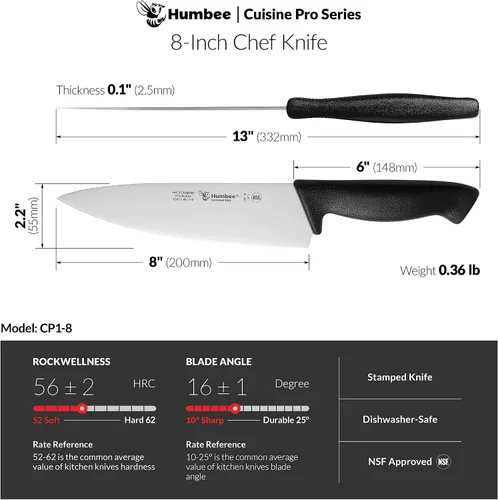 Vista 4 de Cuisine Pro - Cuchillo de chef de 8 pulgadas, hoja de acero inoxidable de alto carbono certificada NSF, borde afilado extra ancho, mango ergonómico