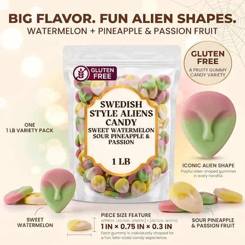 Vista 3 de Paquete variado de dulces de Halloween de extraterrestres de estilo sueco, sabor a sandía dulce y piña agria, caramelos masticables de gomita, bolsa