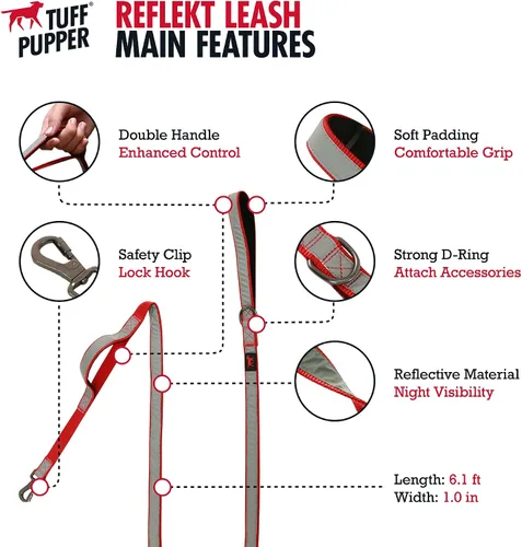 Vista 3 de Tuff Pupper Correa reflectante extrema para perros, resistente de doble asa para sostener perros fuertes, refleja para paseos nocturnos seguros