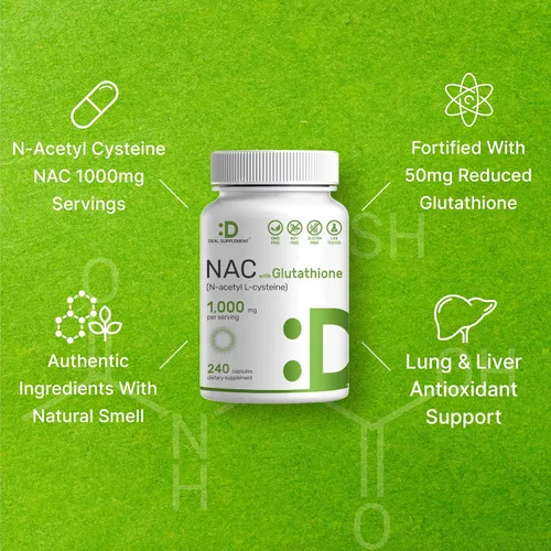 Vista 3 de Suplemento DEAL NAC (N-Acetil Cisteína) 1,000mg por porción con glutatión reducido, 240 cápsulas – Apoyo antioxidante para la salud inmune, pulmonar