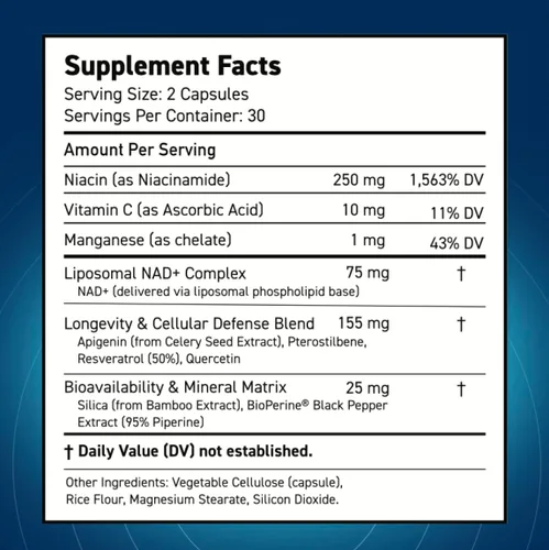 Vista 5 de Suplemento NAD+ - Alternativa NMN con NAD liposomal, resveratrol trans, manganeso, apigenina más pterostilbeno para mujeres y hombres, apoyo
