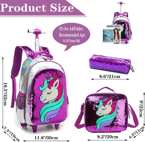 Vista 2 de Mochila con ruedas para niñas, mochila con ruedas, mochila para niñas, para la escuela, unicornio, reversible, con lentejuelas, Púrpura