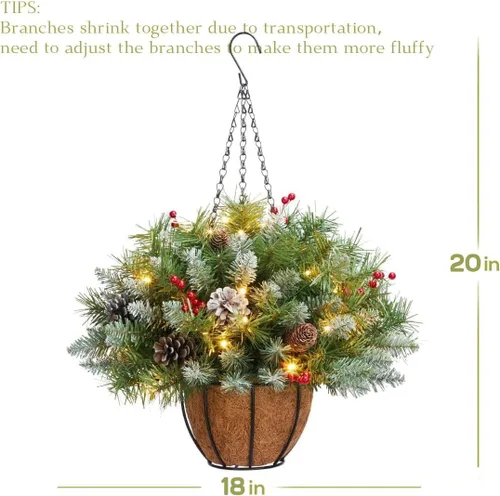 Vista 4 de ANOTHERME Canasta Colgante de Navidad Artificial Pre-Iluminada de 18 pulgadas, Pre-iluminada con 30 Luces LED Operadas por Batería, Decoración